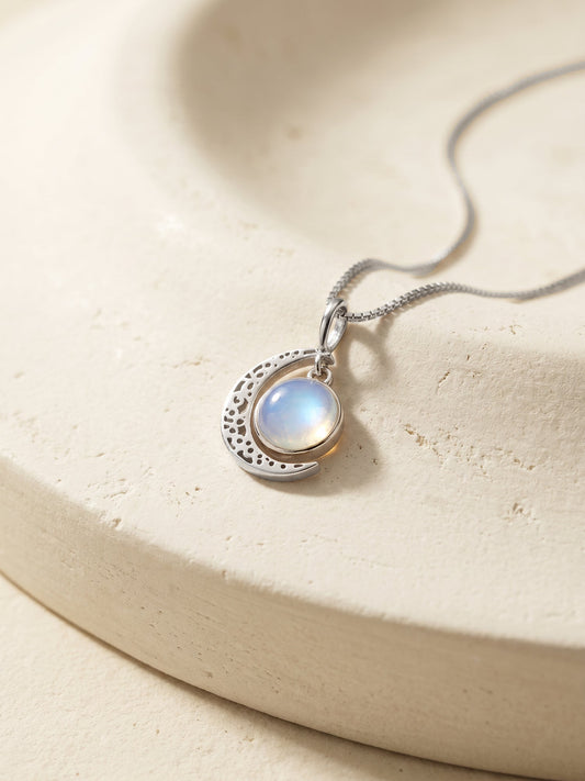Oxidised Silver Moonstone Crescent Pendant with Box Chain