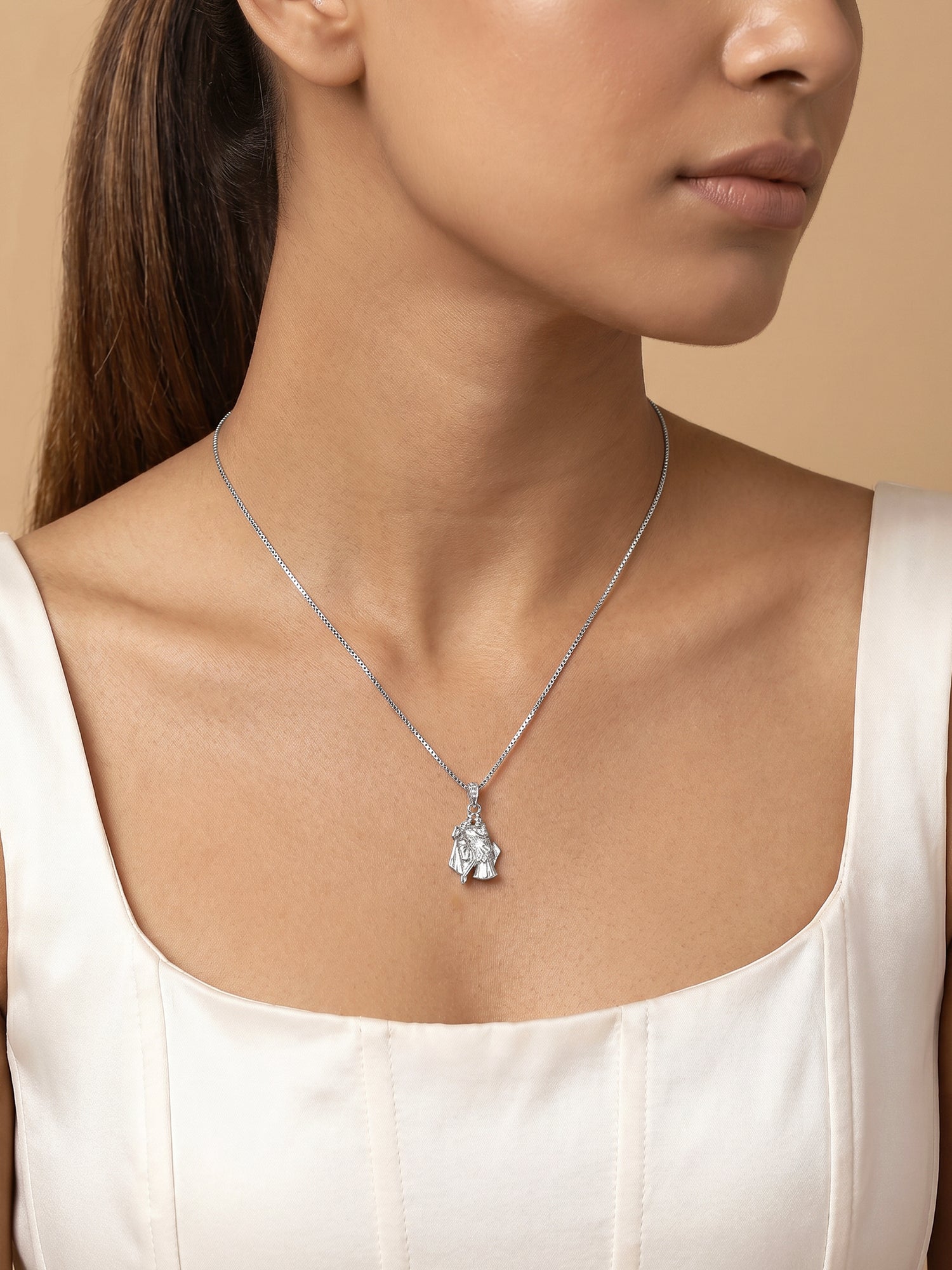 Silver Radha-Krishna Pendant with Box Chain