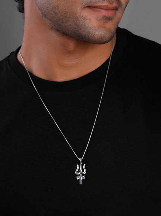 Silver Trident Pendant with Box Chain For Him