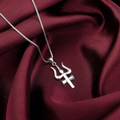 Silver Trident Pendant with Box Chain For Him
