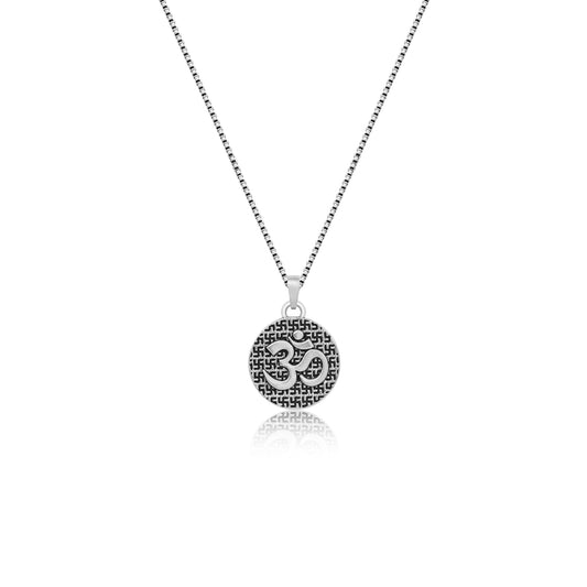 Oxidised Silver Om Pendant with Box Chain For Him