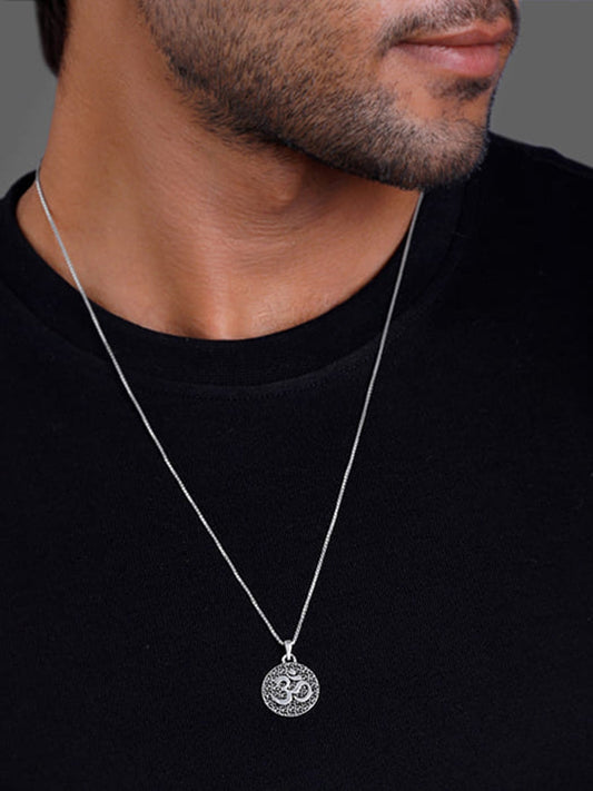 Oxidised Silver Om Pendant with Box Chain For Him
