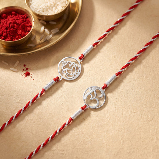 Silver Om & Ganesha Rakhi Combo (Set of 2)