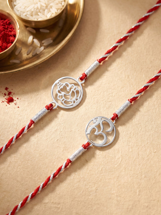 Silver Om & Ganesha Rakhi Combo (Set of 2)