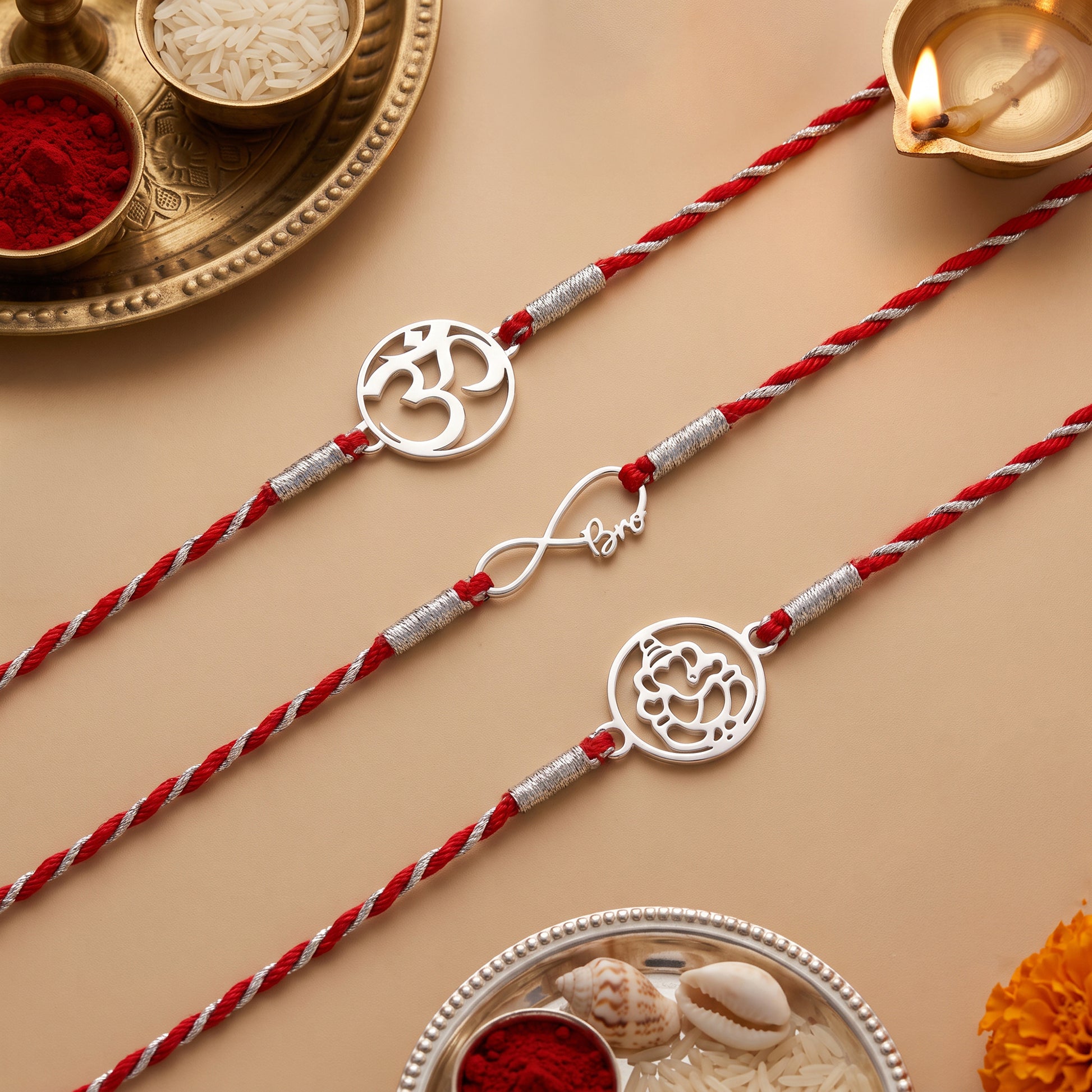 Silver Infinite Ganapati Rakhi Combo (Set of 3)