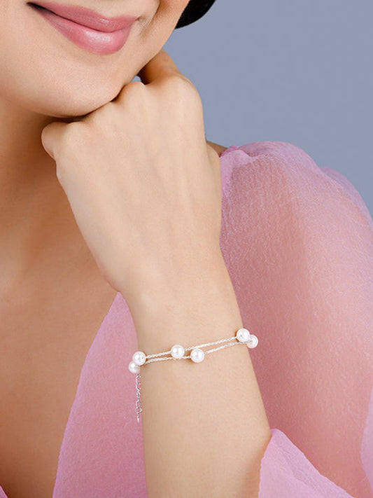 Silver String of Pearls Layered Bracelet