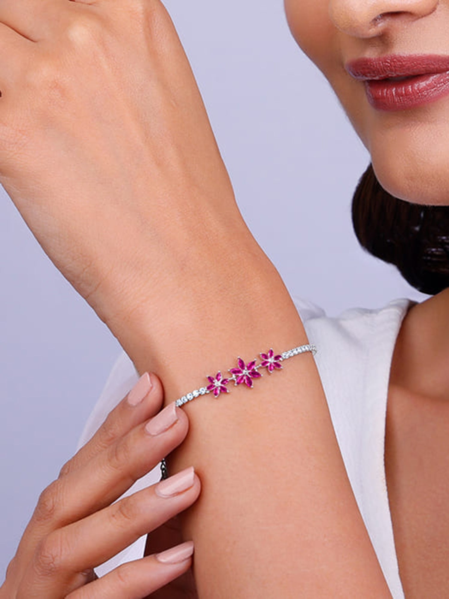 Silver Pink Floral Tennis Bracelet