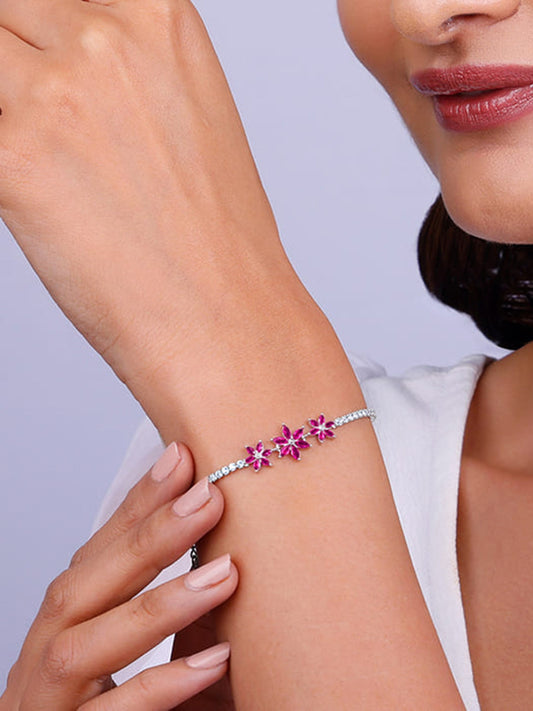 Silver Pink Floral Tennis Bracelet