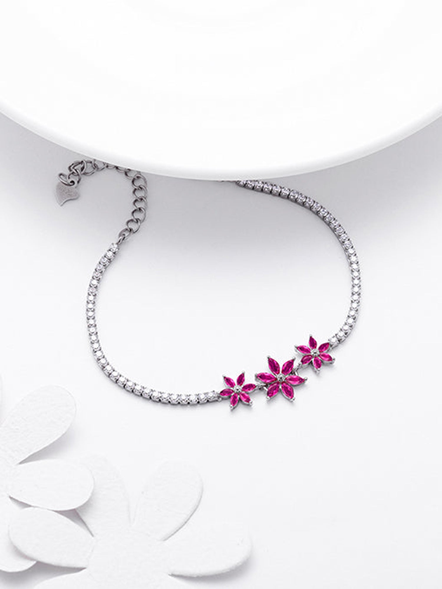 Silver Pink Floral Tennis Bracelet