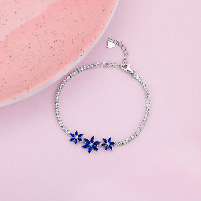 Silver Blue Floral Tennis Bracelet