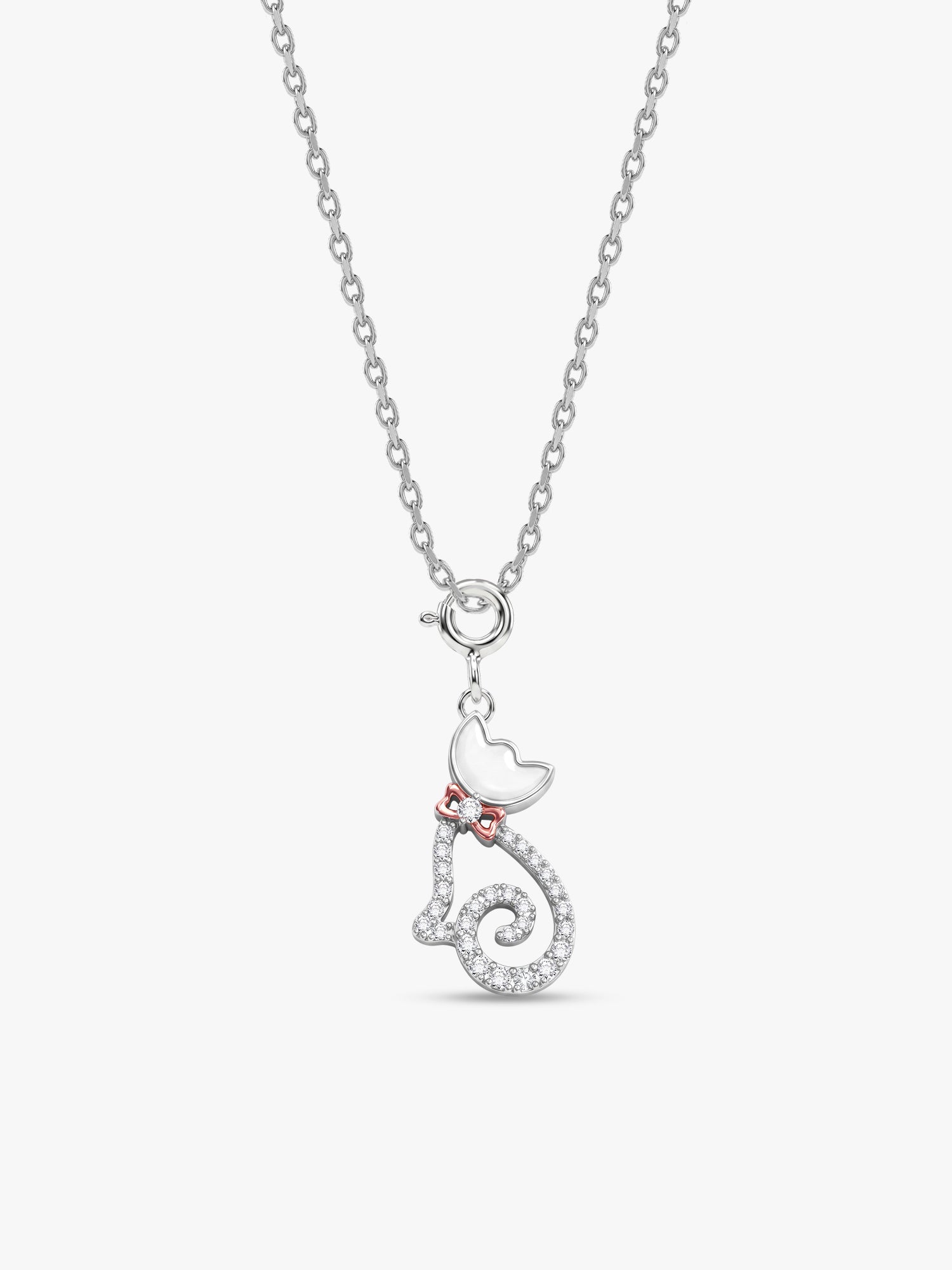 Silver Glitter Kitty Pendant With Link Chain
