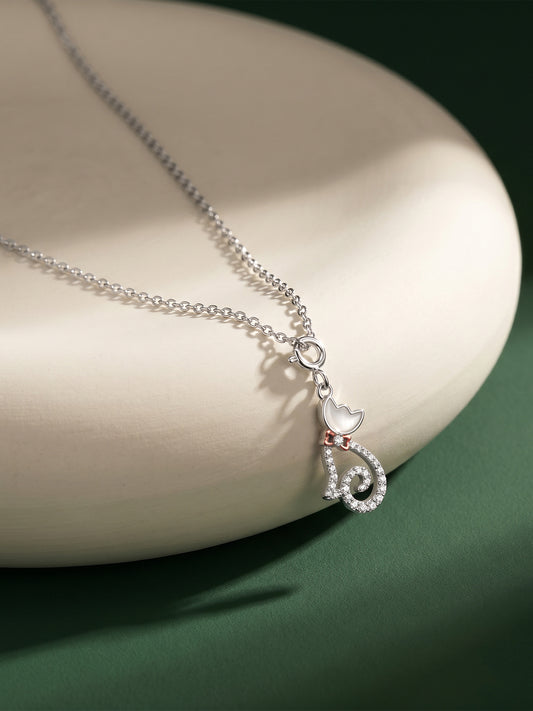 Silver Glitter Kitty Pendant With Link Chain