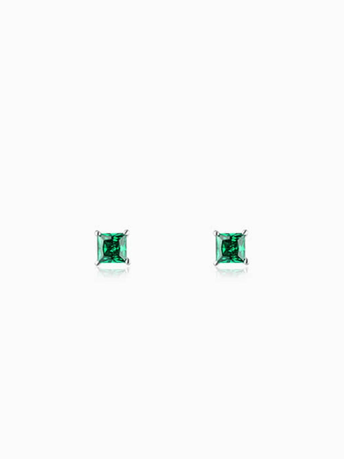 Silver Emerald Green Square Stud Earrings