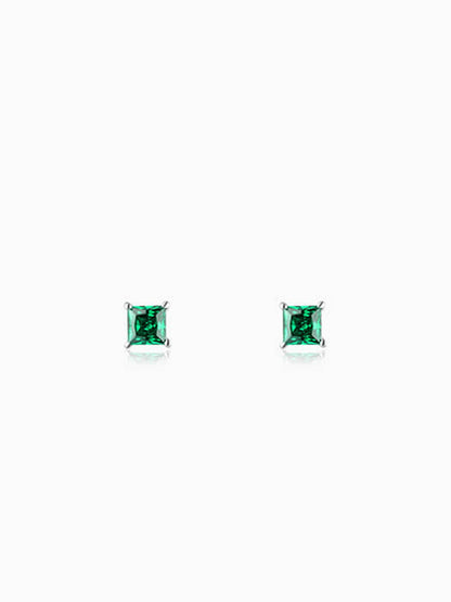 Silver Emerald Green Square Stud Earrings
