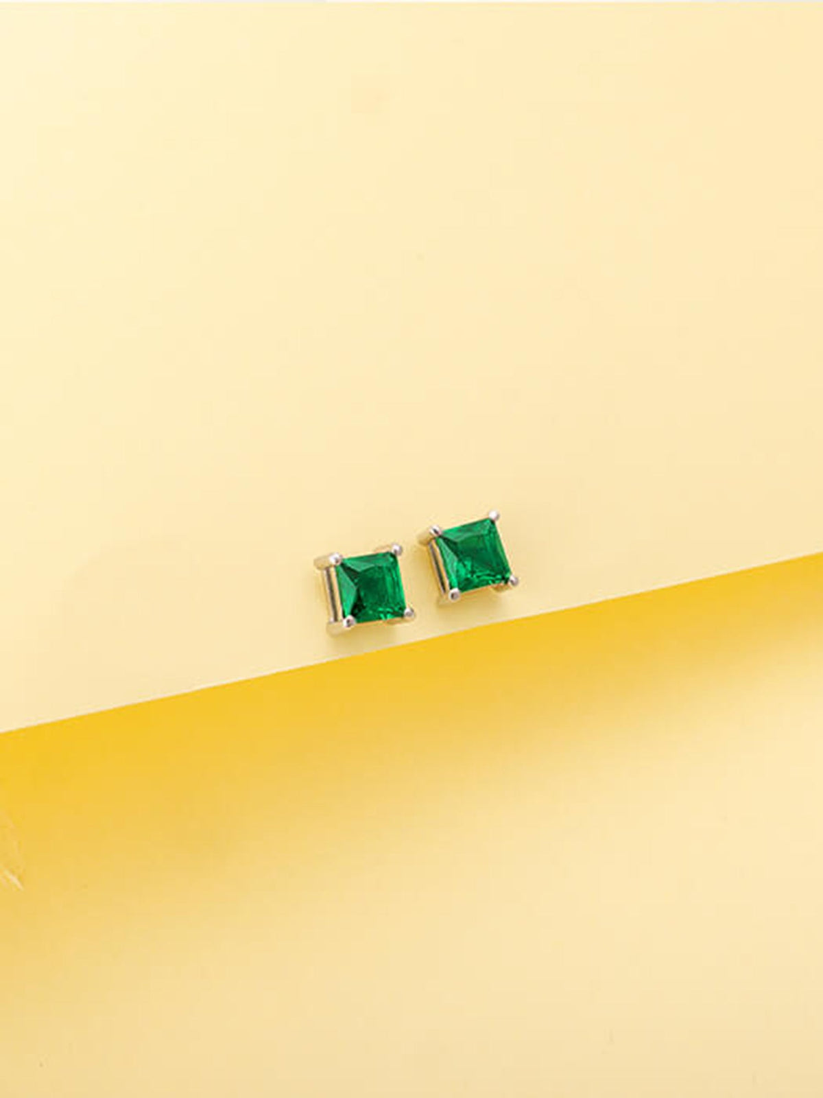 Silver Emerald Green Square Stud Earrings