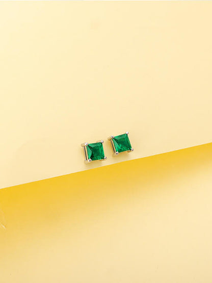 Silver Emerald Green Square Stud Earrings