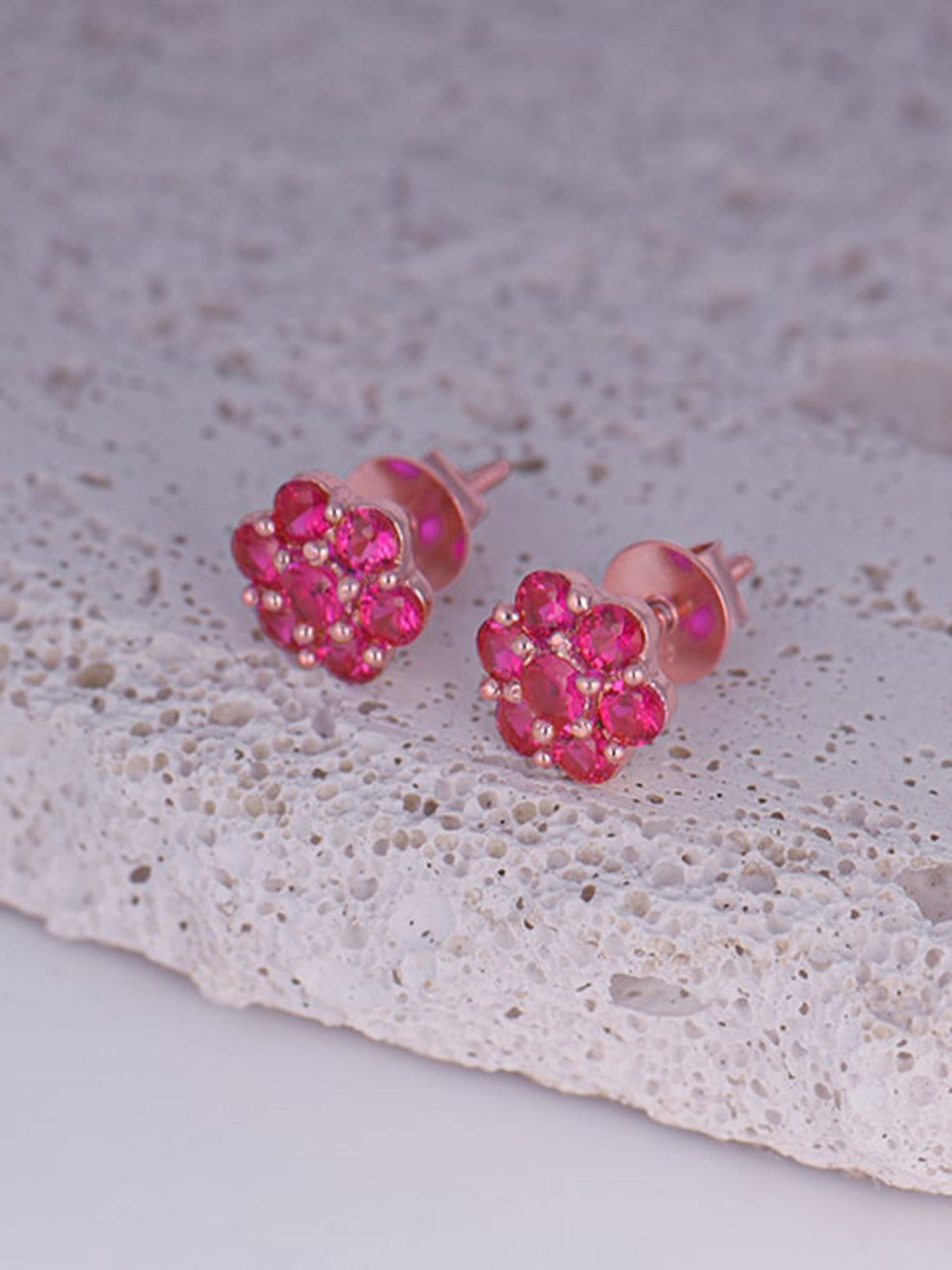 Rose Gold Magenta Flower Stud Earrings