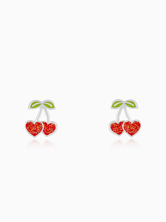 Silver Red Heart Cherry Kids Earrings (4-12 yrs)