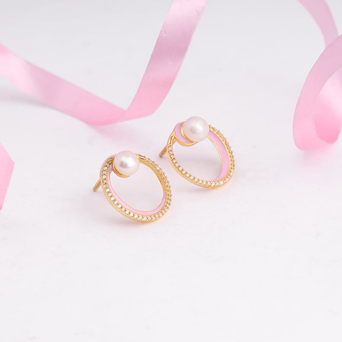 Golden Stylish Enamel & Pearl Earrings