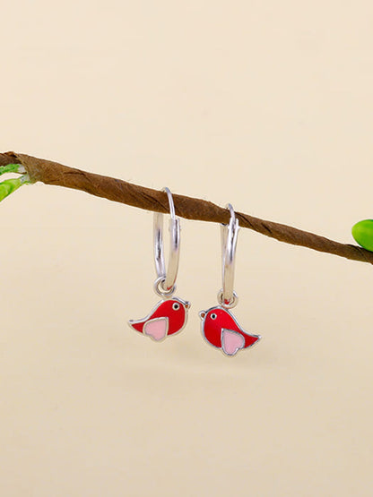 Silver Rosy Bird Kids Hoop Earrings (4-12 yrs)