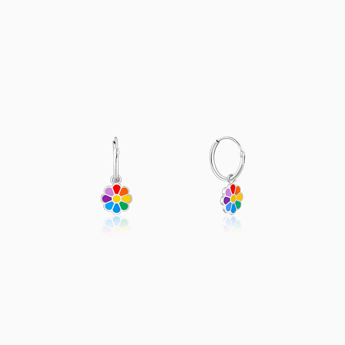 Silver Rainbow Flower Kids Hoop Earrings