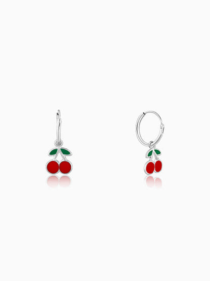 Silver Red Cherry Kids Hoop Earrings (4-12 yrs)