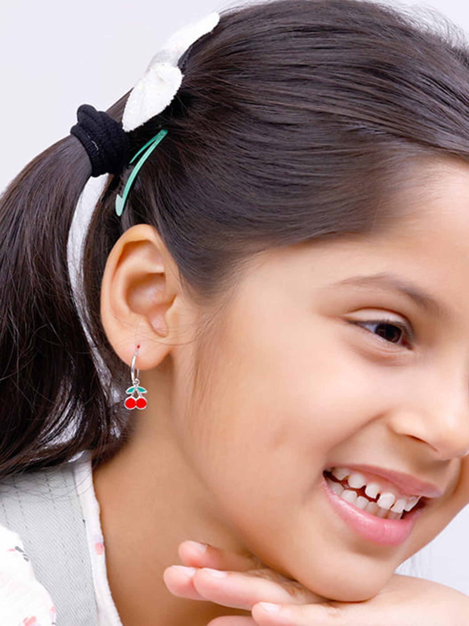 Silver Red Cherry Kids Hoop Earrings (4-12 yrs)