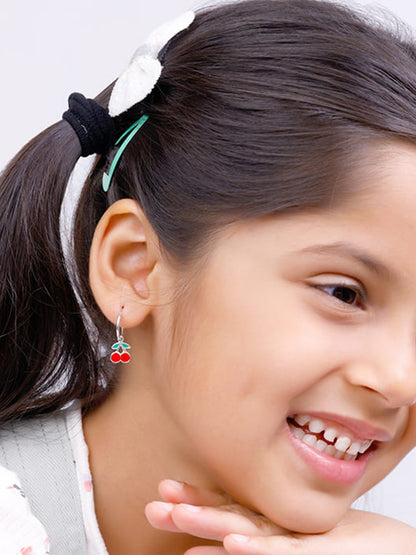 Silver Red Cherry Kids Hoop Earrings (4-12 yrs)
