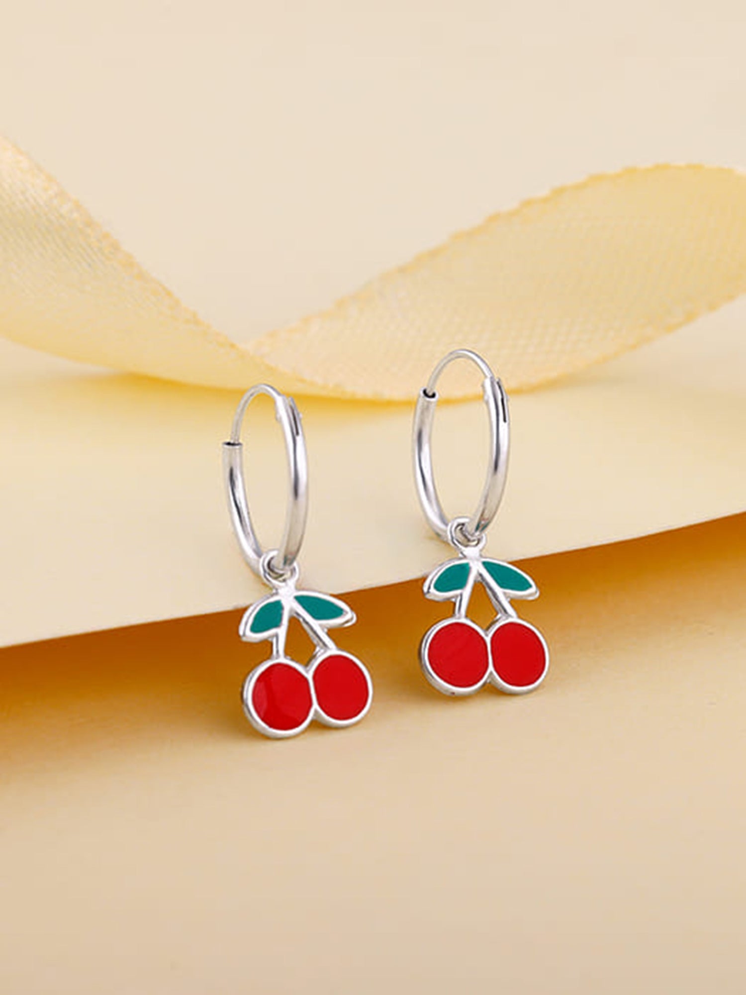 Silver Red Cherry Kids Hoop Earrings (4-12 yrs)