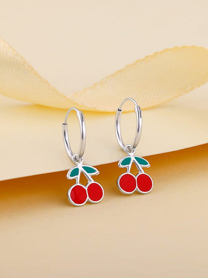 Silver Red Cherry Kids Hoop Earrings (4-12 yrs)