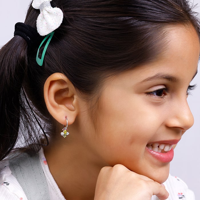 Silver Cheery Bee Kids Hoop Earrings (4-12 yrs) - Main Image