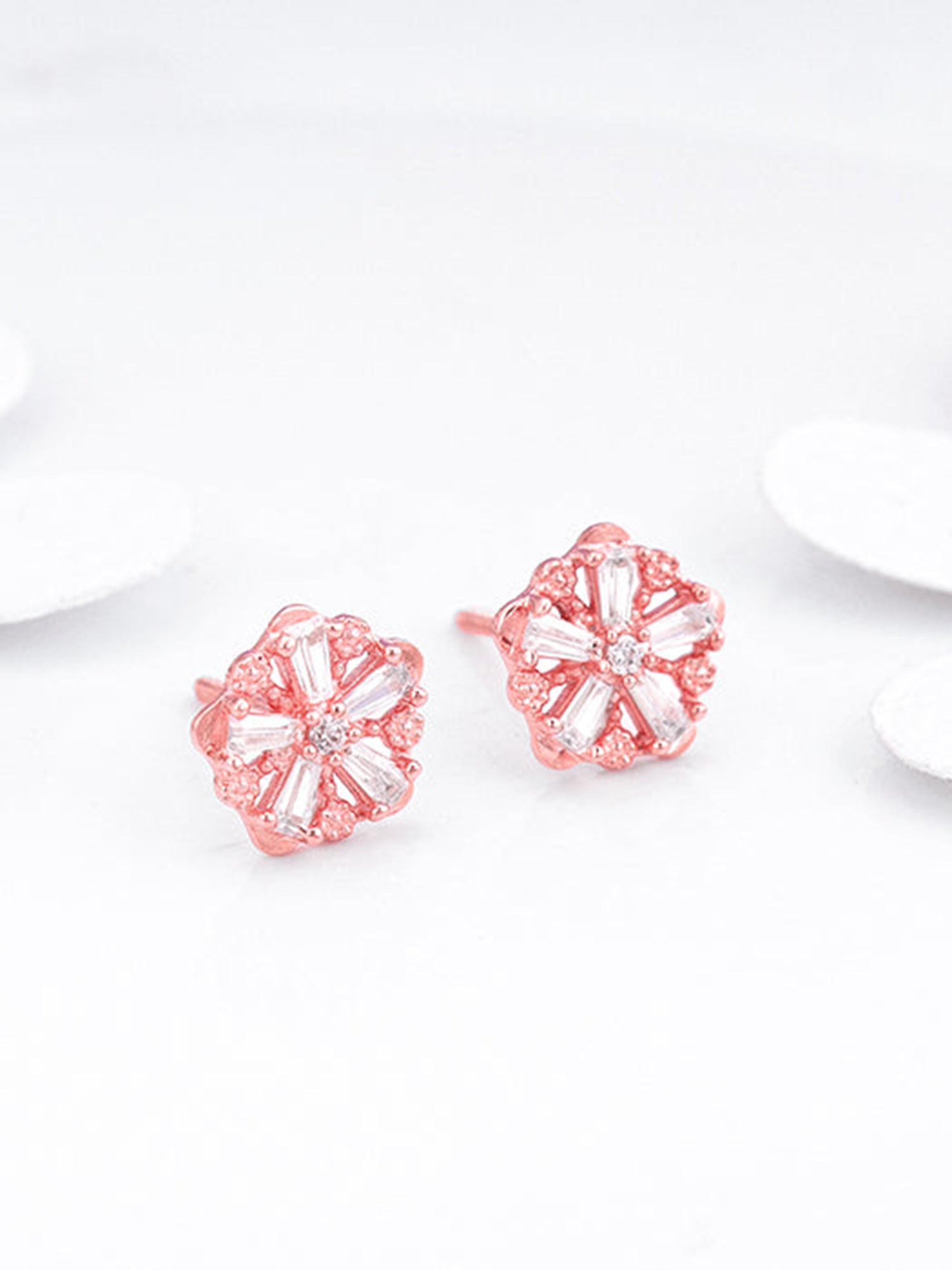 Rose Gold Baguette Flower Earrings