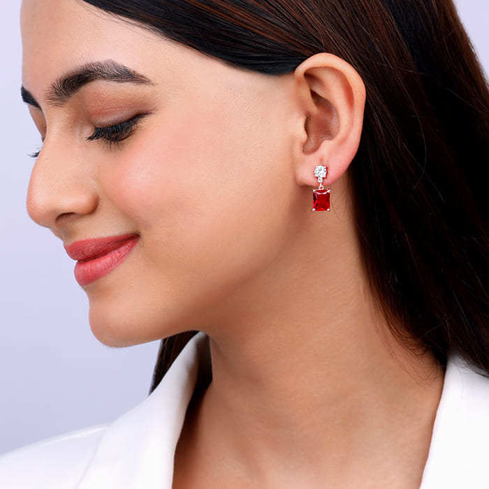 Rose Gold Red Baguette Earrings