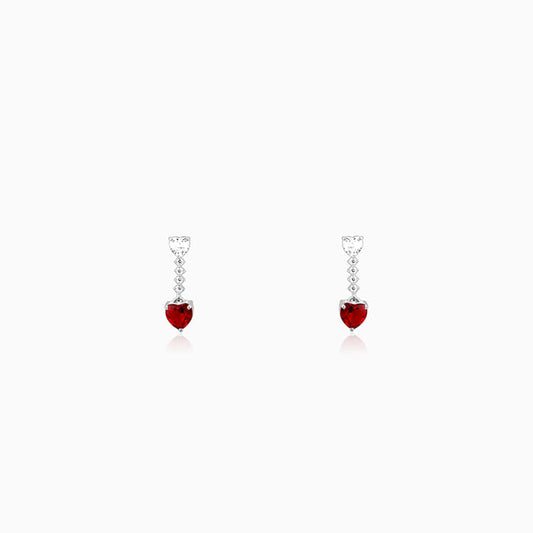 Silver Red Heart Dangler Earrings