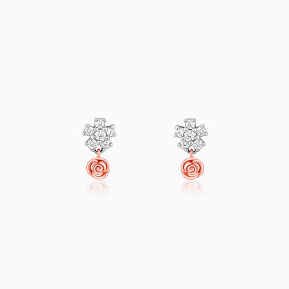 Silver And Rose Gold Studded Rose Earrings