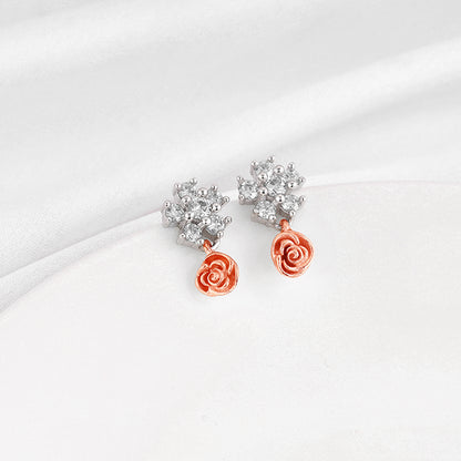 Silver And Rose Gold Studded Rose Earrings