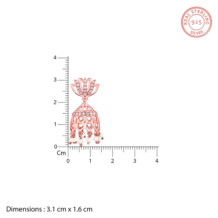 Rose Gold Jhumka Lotus Earrings with zircons and pearls.
