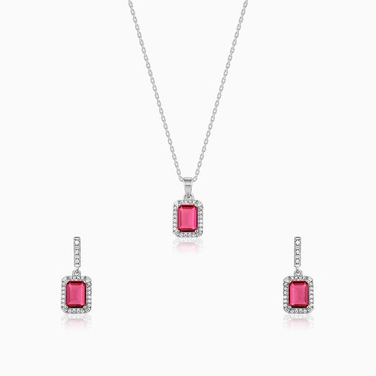 Silver Dreamy Red set with pendant, link chain, and earrings with red stone and zircon accents