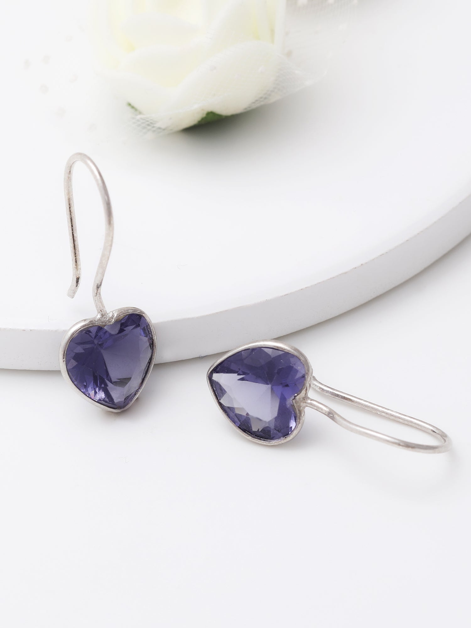 Silver Ornate Purple Heart Earrings