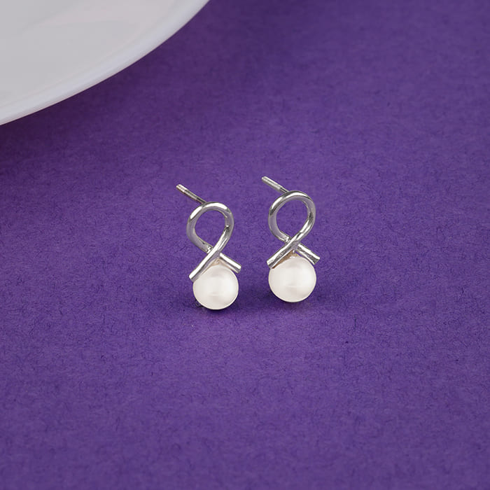 Silver Infinity Pearl Stud Earrings