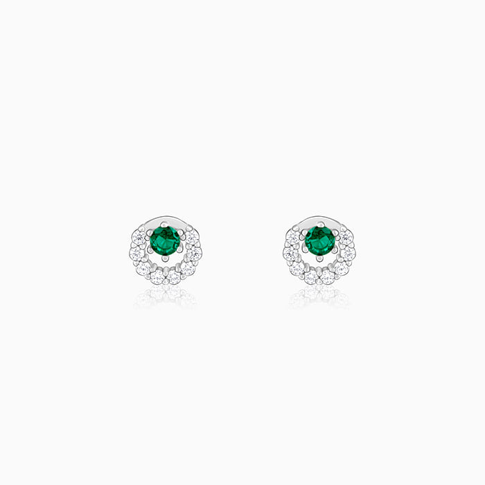 Silver Emerald Green Halo Stud Earrings - Image 1