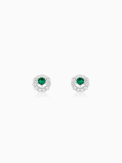 Silver Emerald Green Halo Stud Earrings