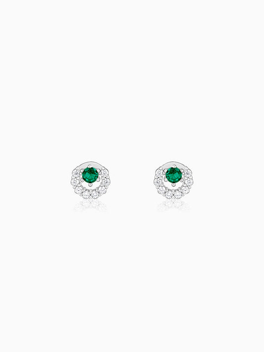 Silver Emerald Green Halo Stud Earrings