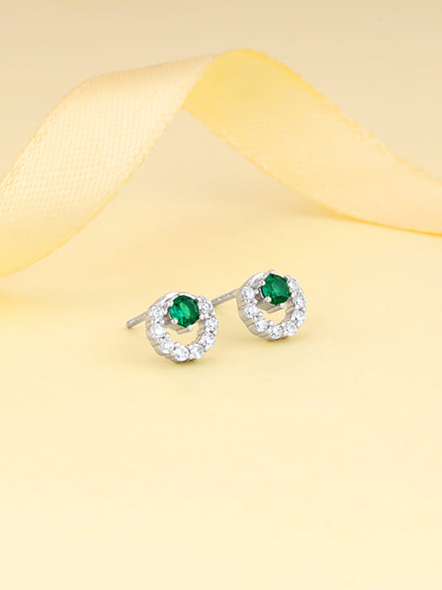Silver Emerald Green Halo Stud Earrings