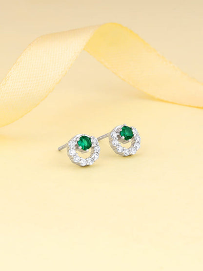Silver Emerald Green Halo Stud Earrings
