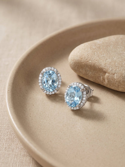 Silver Halo Blue Topaz Earrings