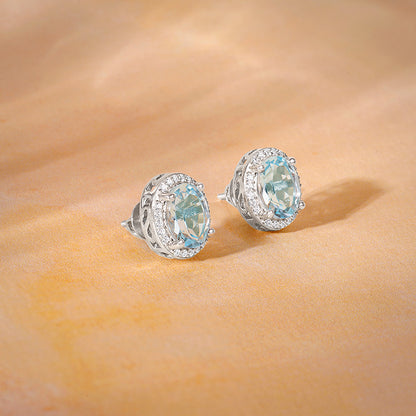 Silver Halo Blue Topaz Earrings