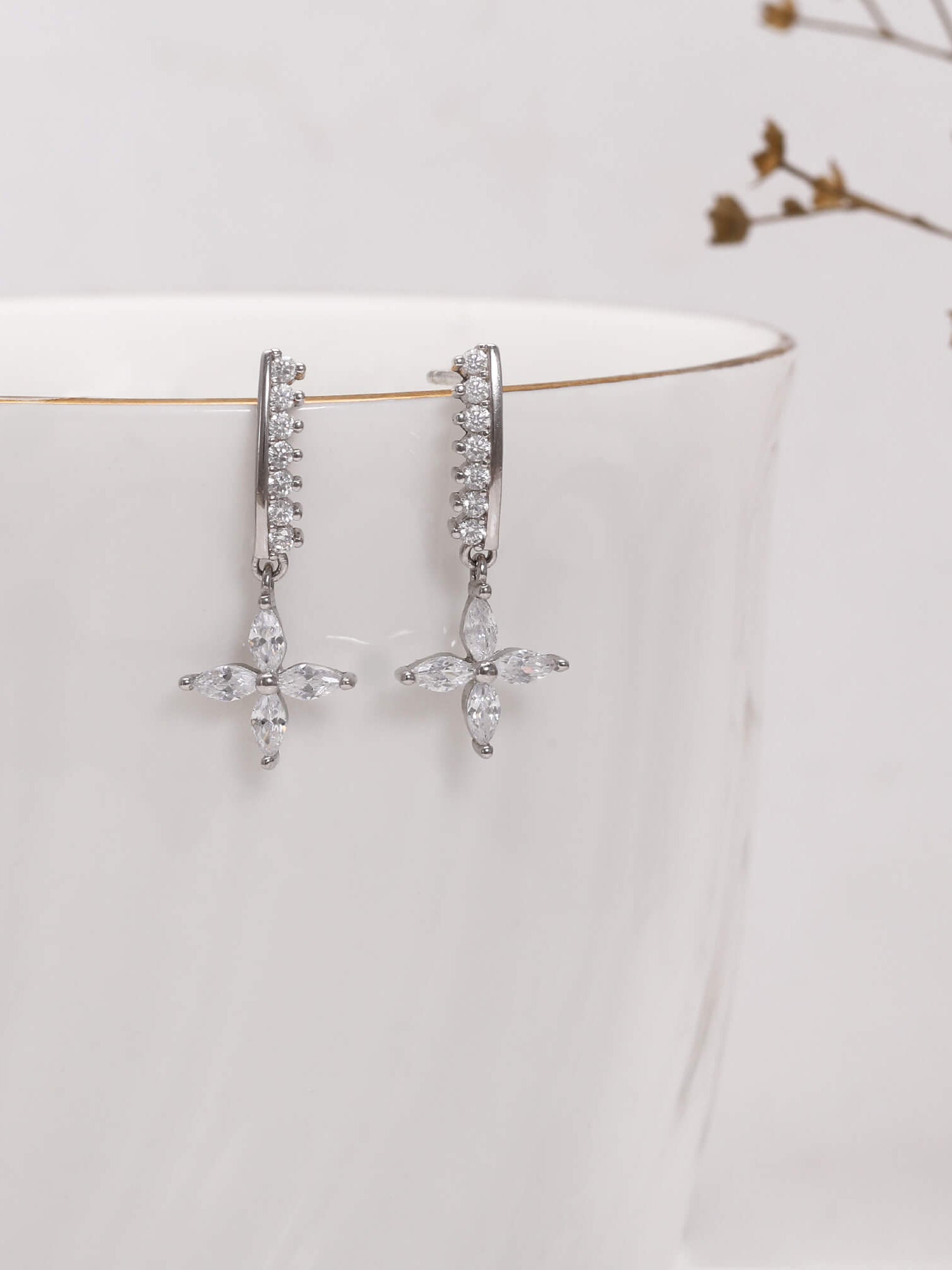 Silver Zircon Floret Drop Earrings