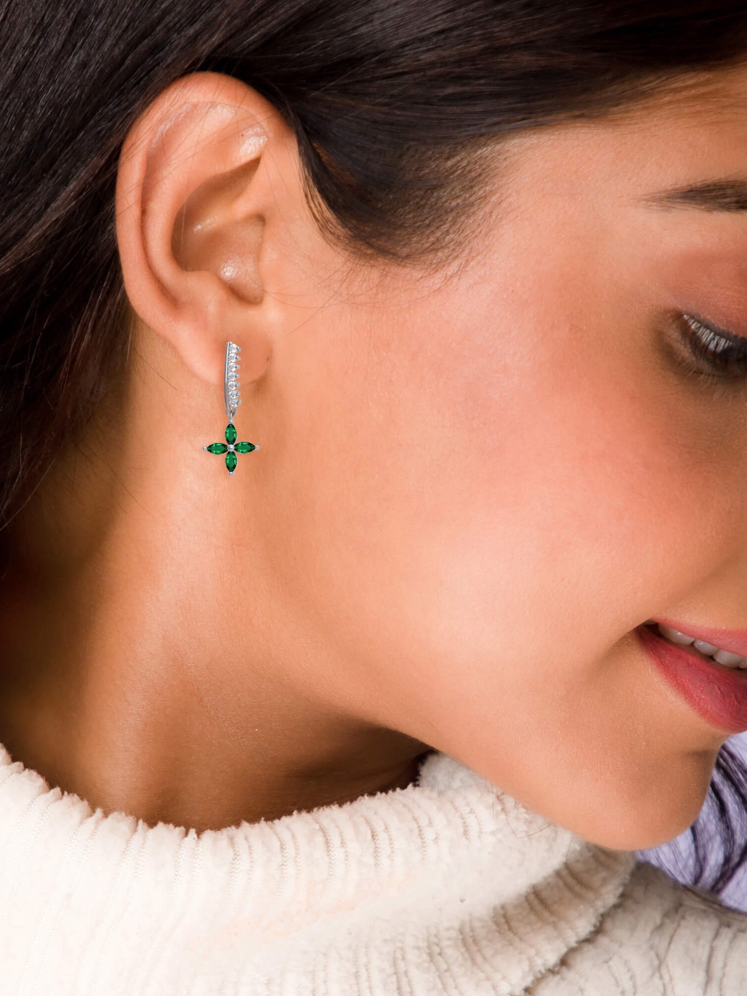 Silver Emerald Green Flower Earrings