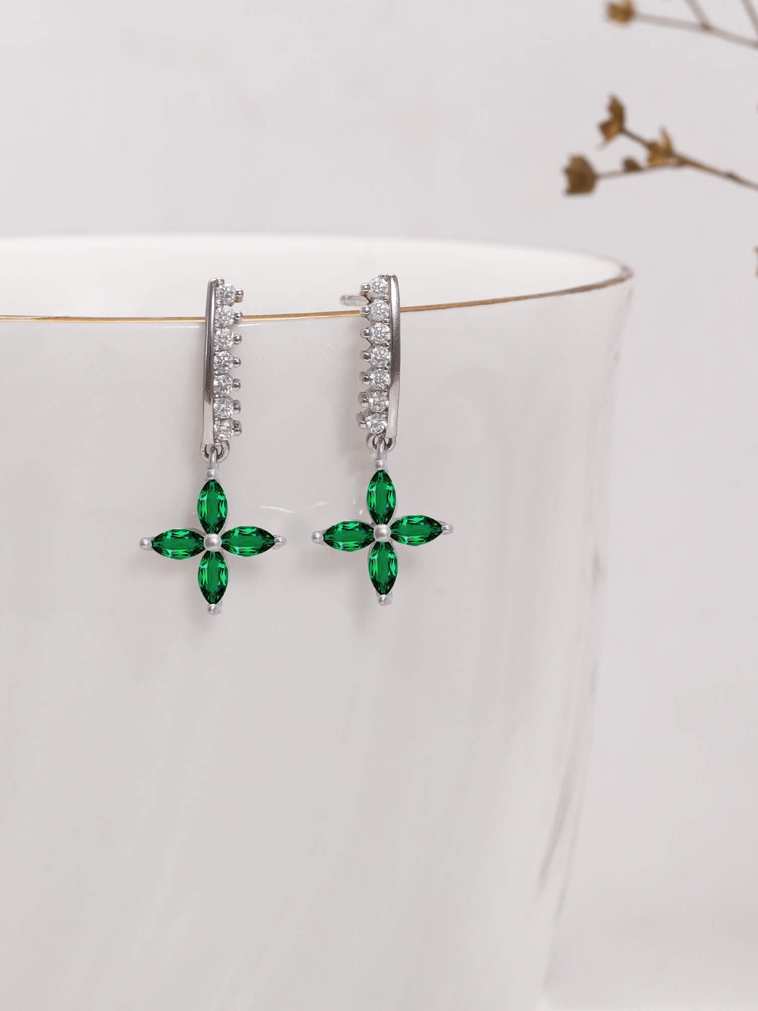 Silver Emerald Green Flower Earrings